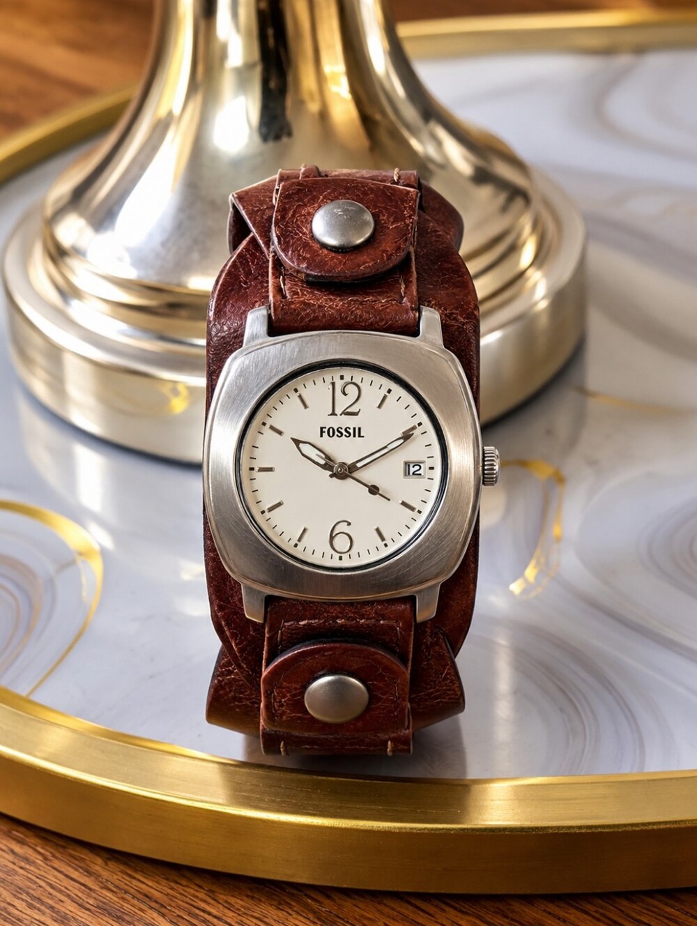 Fossil Brown Leather Cuff Watch with Silver Case and White Dial